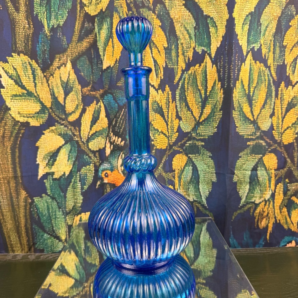 Vintage Cobalt Blue Empoli Glass Genie Bottle Decanter with Stopper Mid Century
